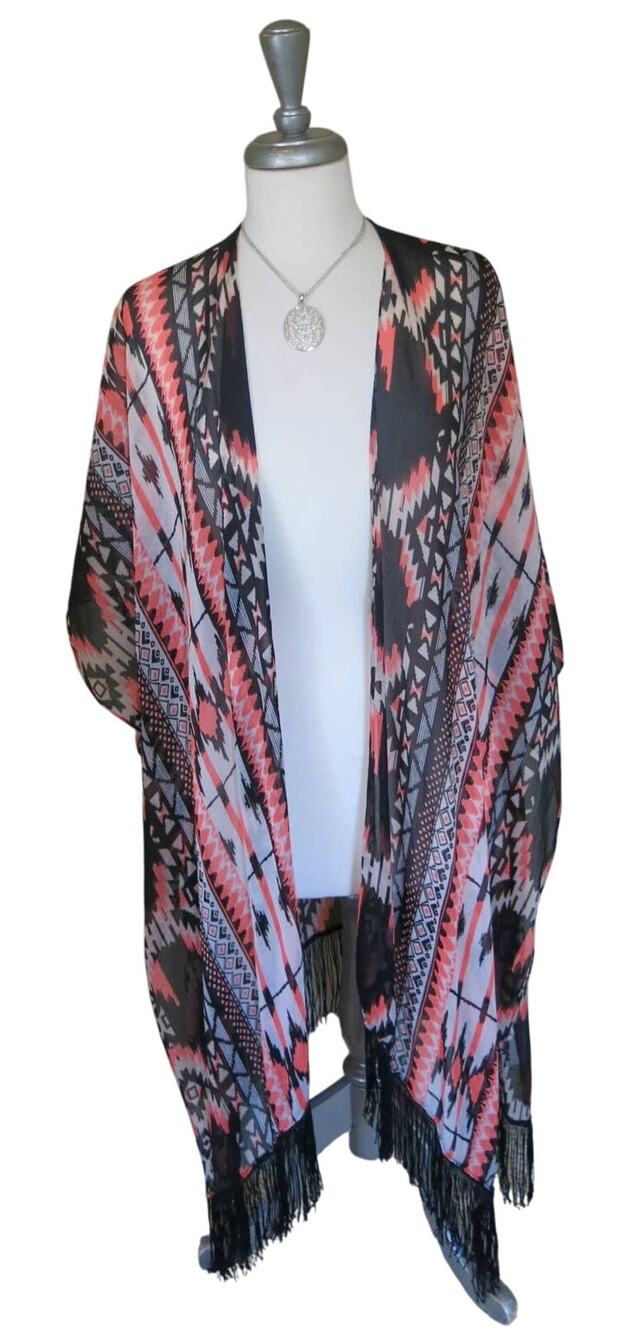 SHAWL SCARF Wrap Lightweight Fringe Geometric Boho Coral Orange Black India